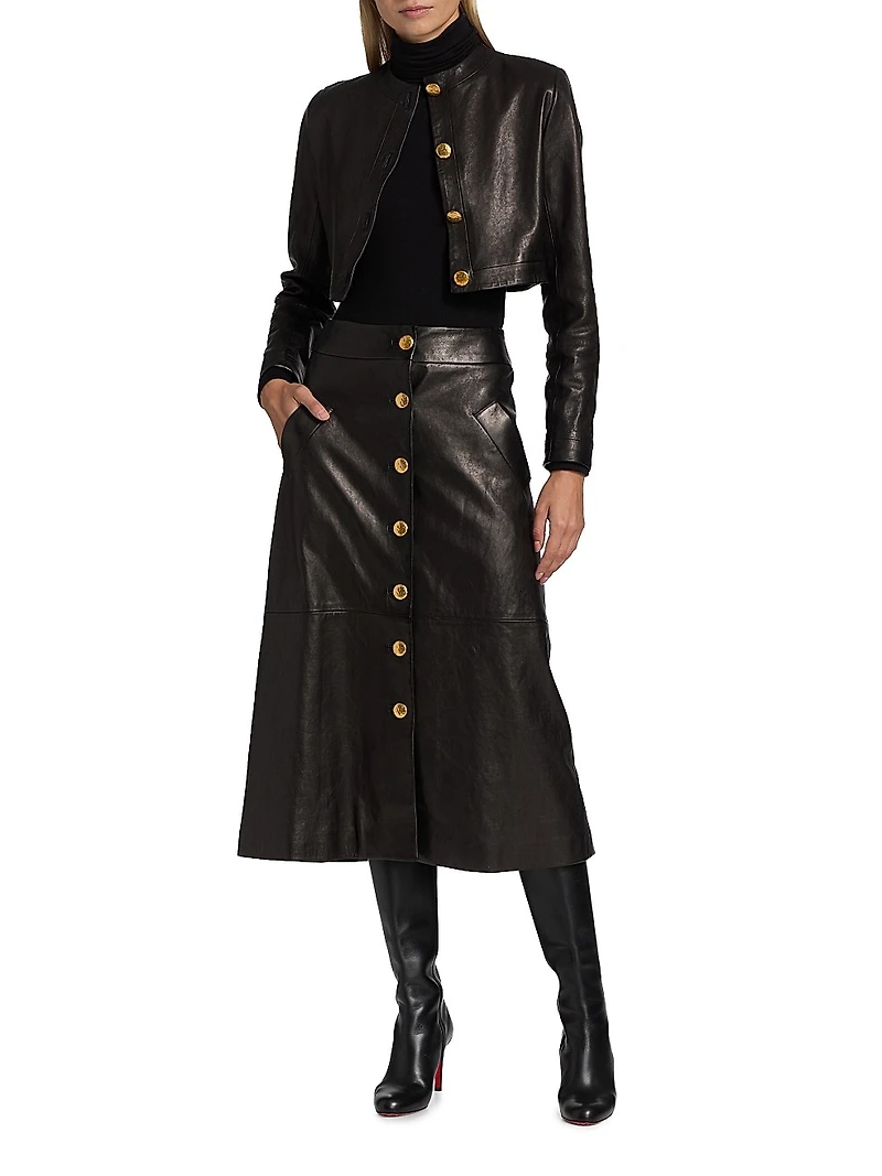 Button-Front Leather A-Line Midi-Skirt