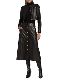 Button-Front Leather A-Line Midi-Skirt