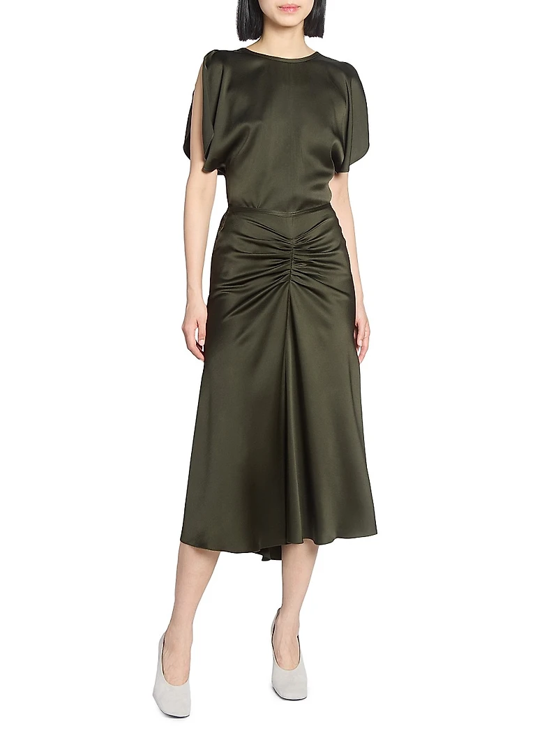 Ruched Satin Midi-Skirt
