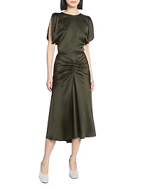 Ruched Satin Midi-Skirt