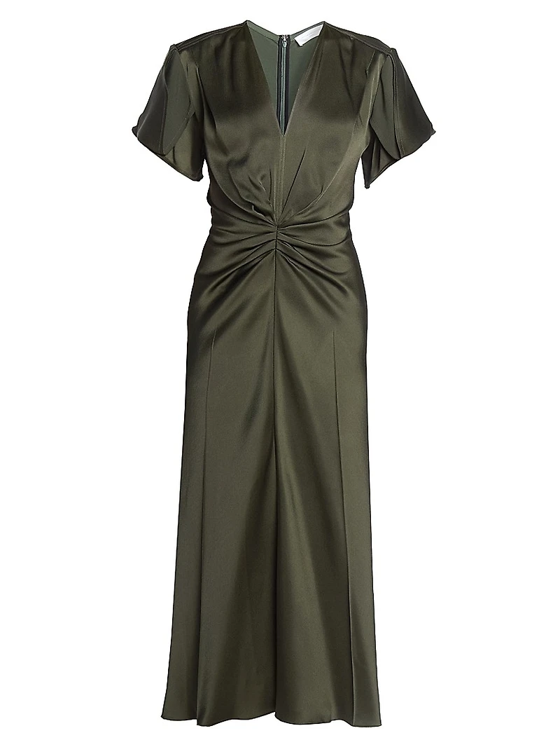 Bella Satin Ruched V-Neck Midi-Dress