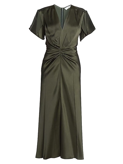 Bella Satin Ruched V-Neck Midi-Dress