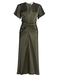 Bella Satin Ruched V-Neck Midi-Dress