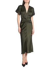 Bella Satin Ruched V-Neck Midi-Dress