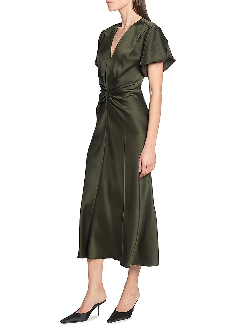 Bella Satin Ruched V-Neck Midi-Dress