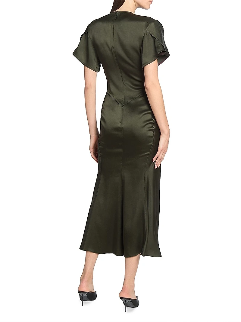 Bella Satin Ruched V-Neck Midi-Dress