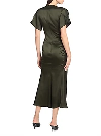 Bella Satin Ruched V-Neck Midi-Dress