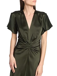 Bella Satin Ruched V-Neck Midi-Dress