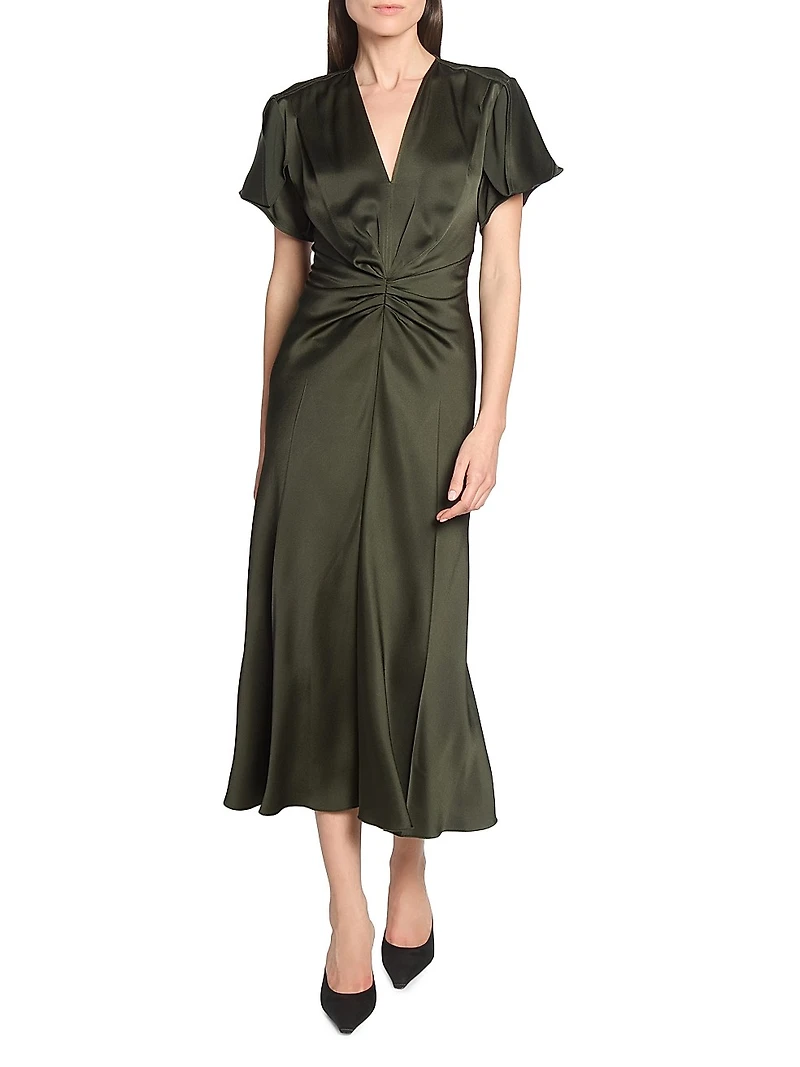 Bella Satin Ruched V-Neck Midi-Dress