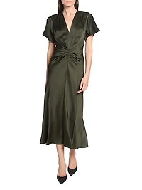 Bella Satin Ruched V-Neck Midi-Dress