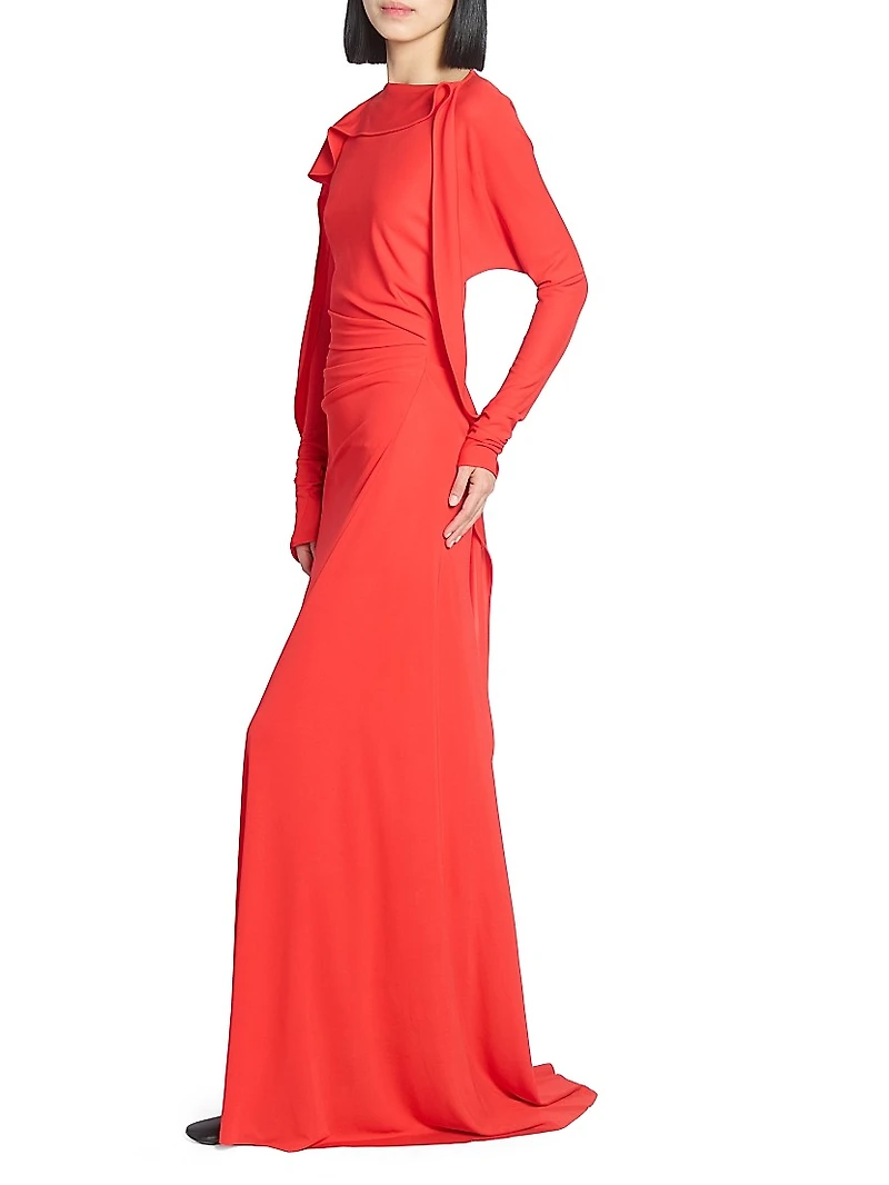Draped Jersey Long-Sleeve Gown