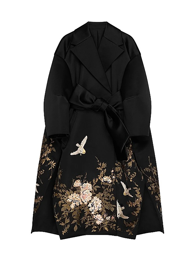 Coat in Satin with Floral Embroideries