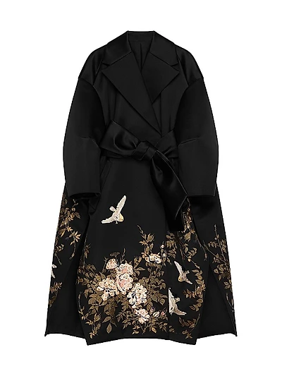 Coat in Satin with Floral Embroideries
