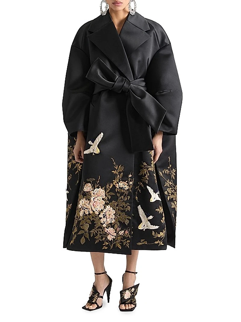 Coat in Satin with Floral Embroideries