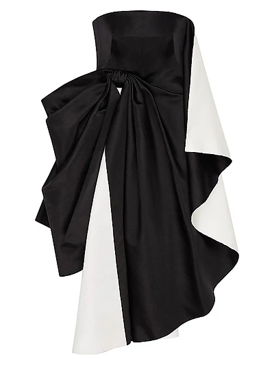 Bicolor Strapless Evening Dress in Satin with Bow