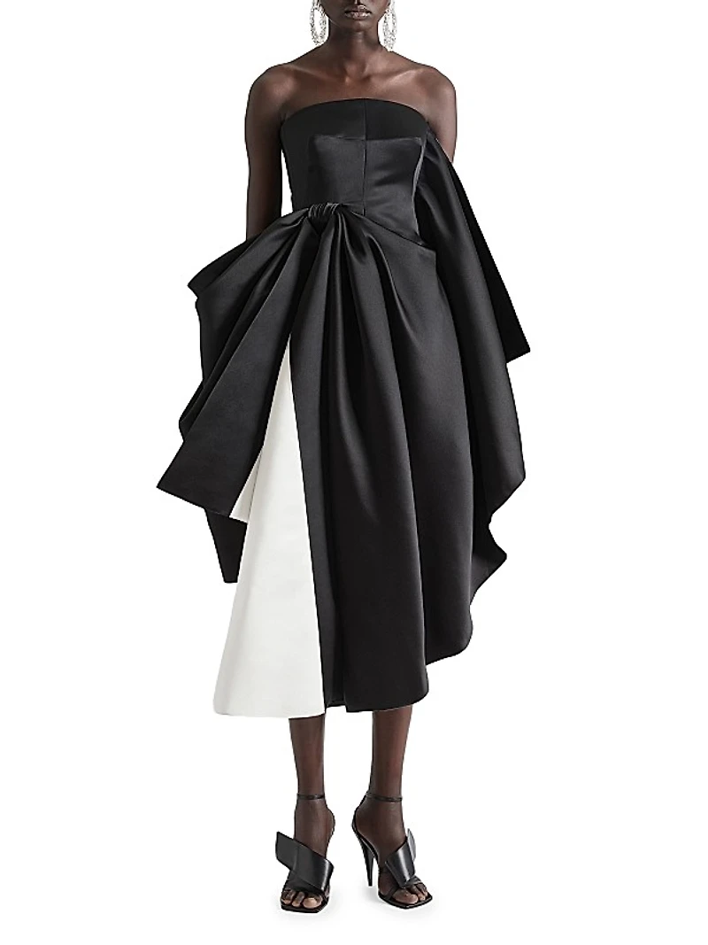 Bicolor Strapless Evening Dress in Satin with Bow