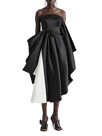 Bicolor Strapless Evening Dress in Satin with Bow