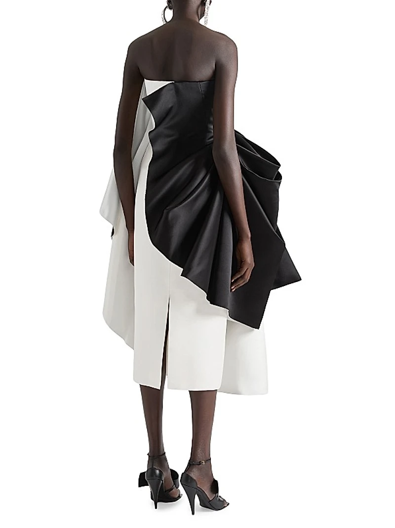Bicolor Strapless Evening Dress in Satin with Bow