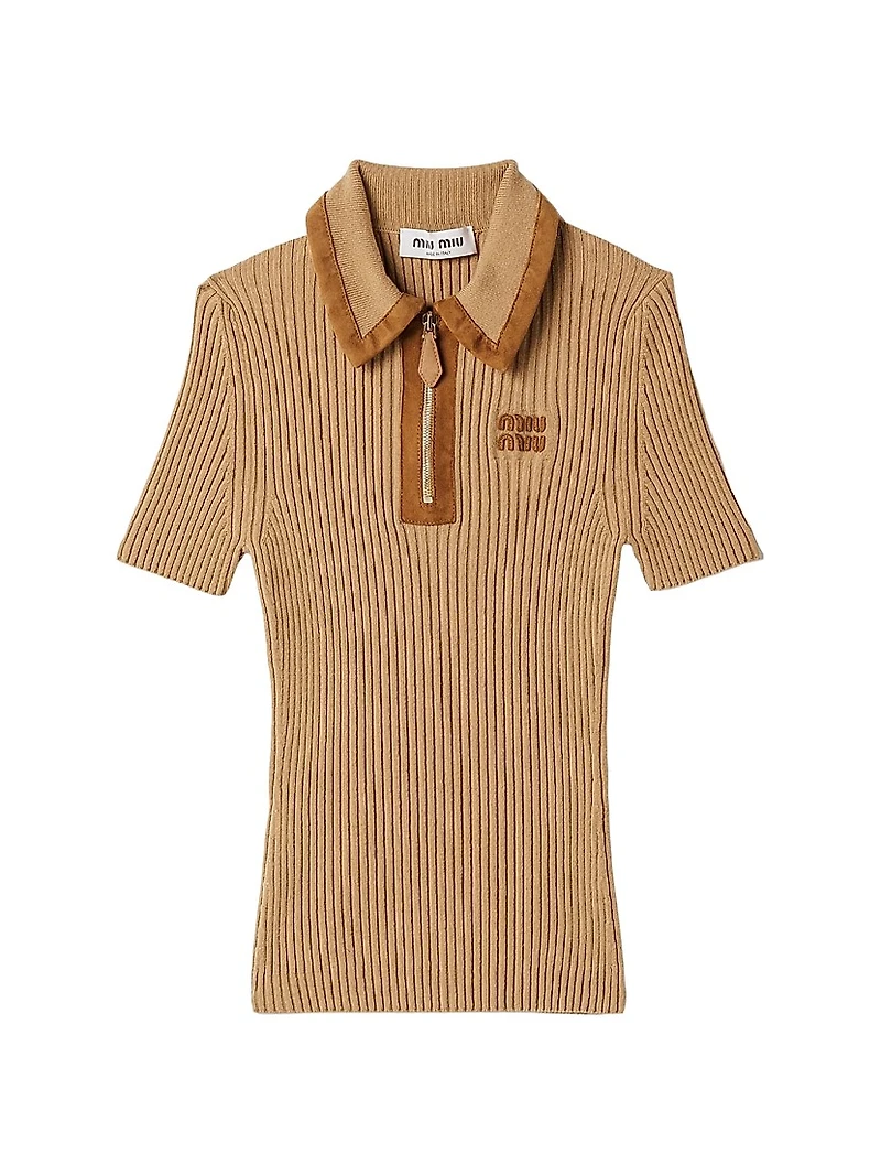 Ribbed Knit Cashmere Polo Sweater