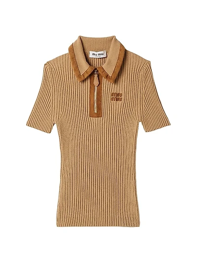 Ribbed Knit Cashmere Polo Sweater