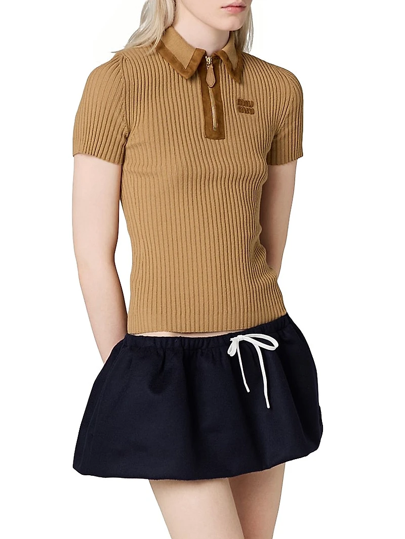 Ribbed Knit Cashmere Polo Sweater