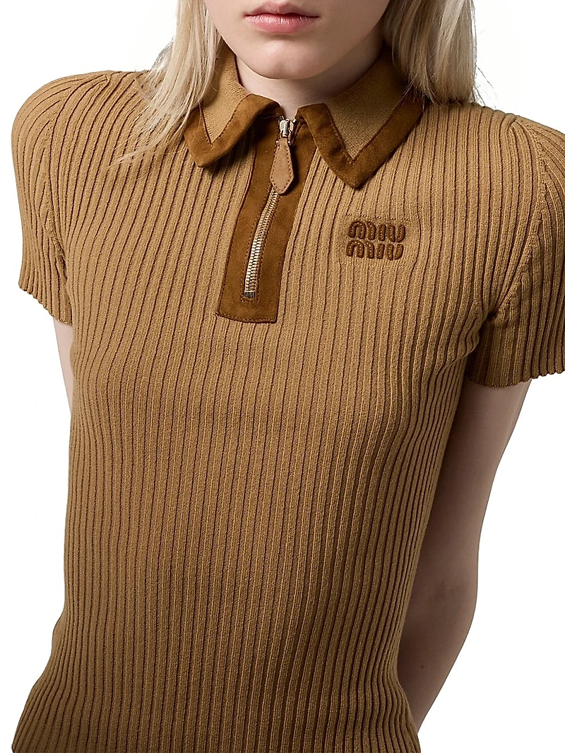 Ribbed Knit Cashmere Polo Sweater