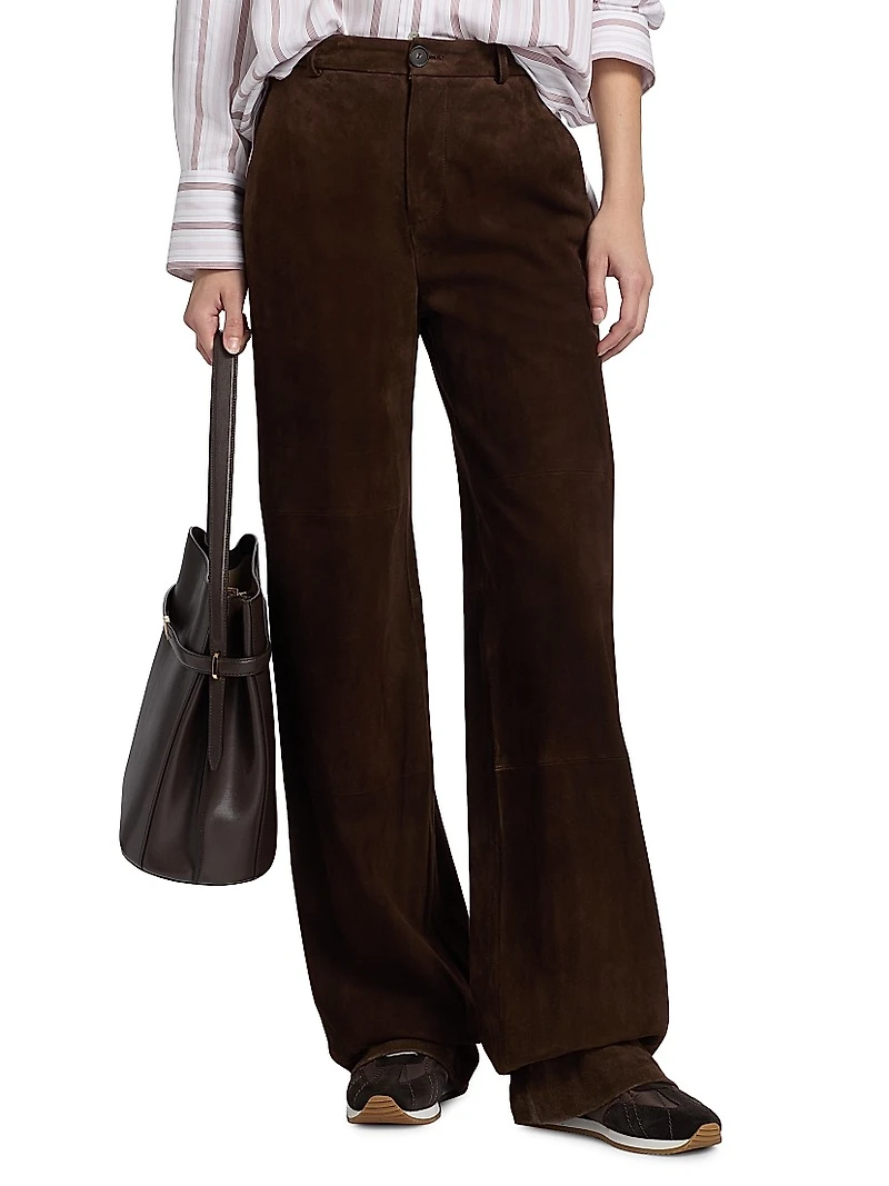 Suede Mid-Rise Wide-Leg Trousers