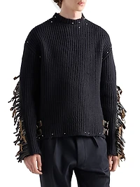 Wool Crew-Neck Sweater with Fringe and Studs