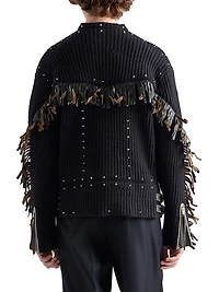 Wool Crew-Neck Sweater with Fringe and Studs