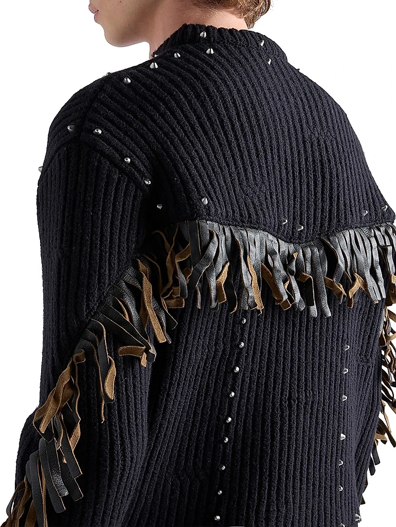 Wool Crew-Neck Sweater with Fringe and Studs