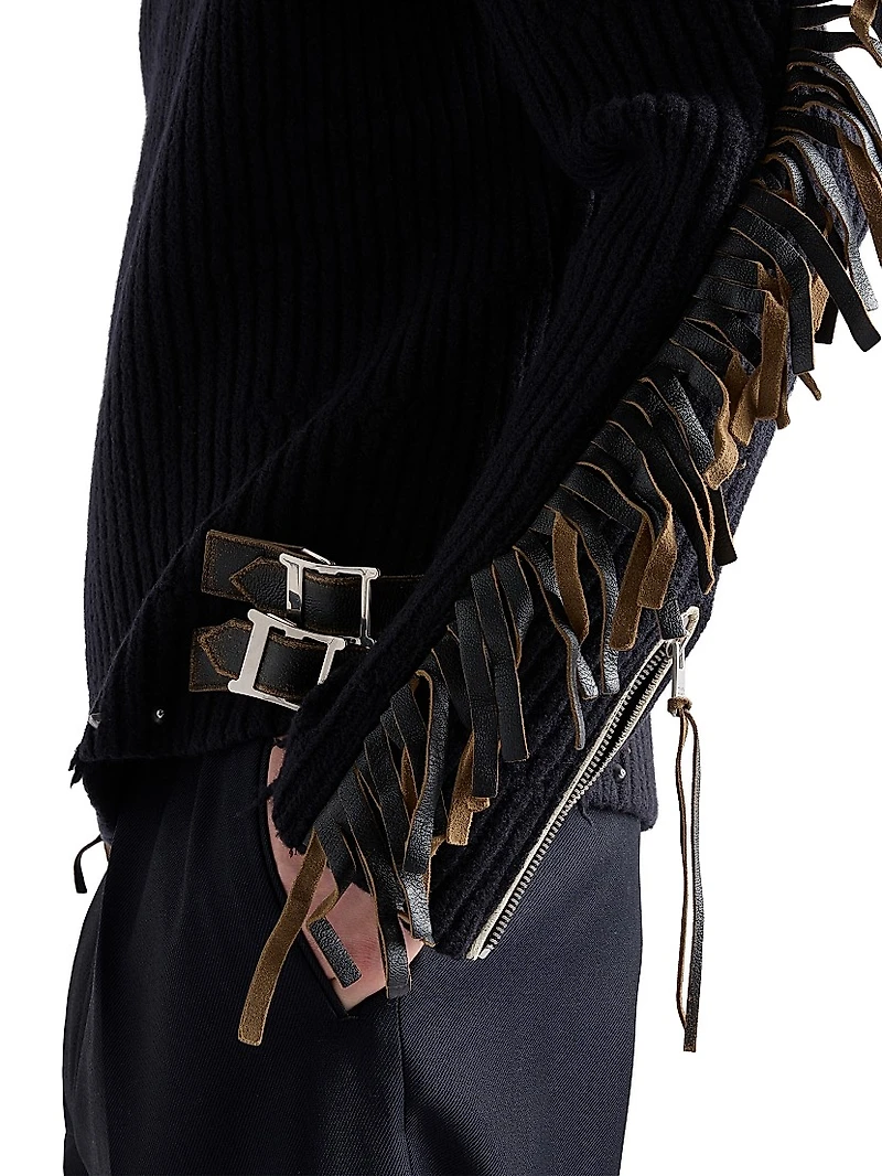 Wool Crew-Neck Sweater with Fringe and Studs
