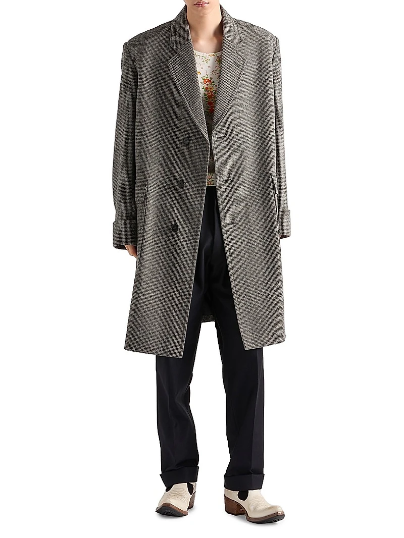 Single Breasted Houndstooth Check Wool Coat