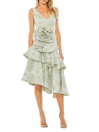 Rosette Asymmetric Brocade Cocktail Dress