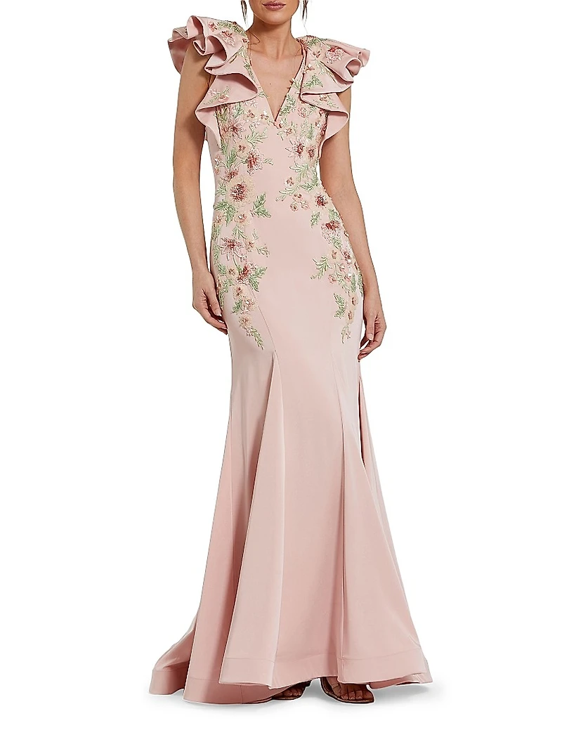 Flutter-Sleeve Embellished Mermaid Gown