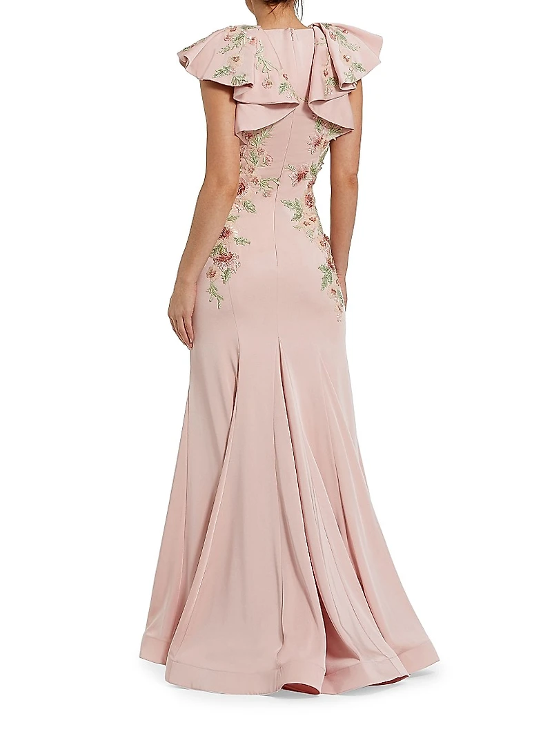 Flutter-Sleeve Embellished Mermaid Gown