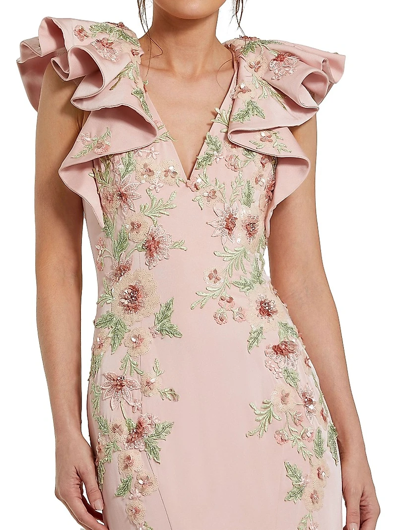 Flutter-Sleeve Embellished Mermaid Gown