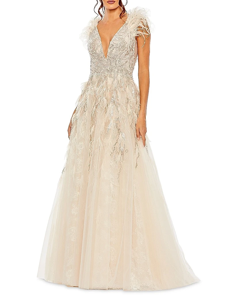 Embellished Feathered Fit-and-Flare Gown