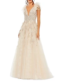 Embellished Feathered Fit-and-Flare Gown