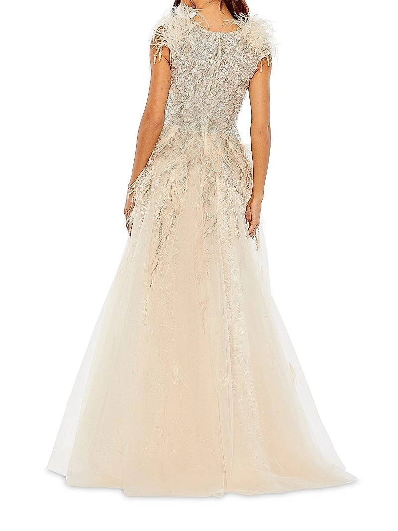 Embellished Feathered Fit-and-Flare Gown