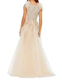 Embellished Feathered Fit-and-Flare Gown