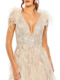Embellished Feathered Fit-and-Flare Gown