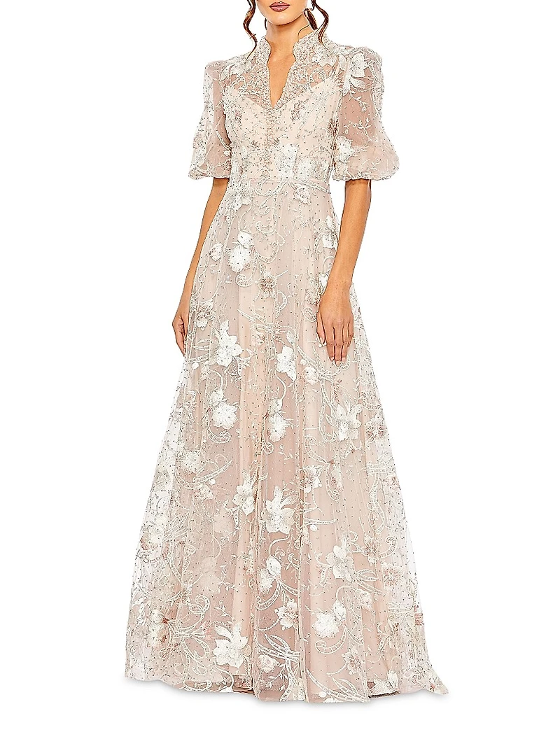 Floral-Embroidered Puff A-Line Gown