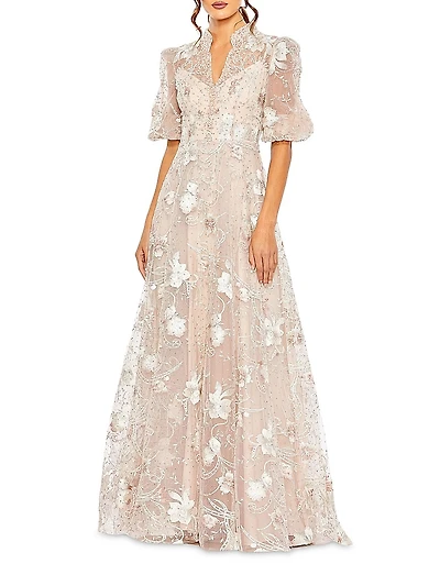 Floral-Embroidered Puff A-Line Gown