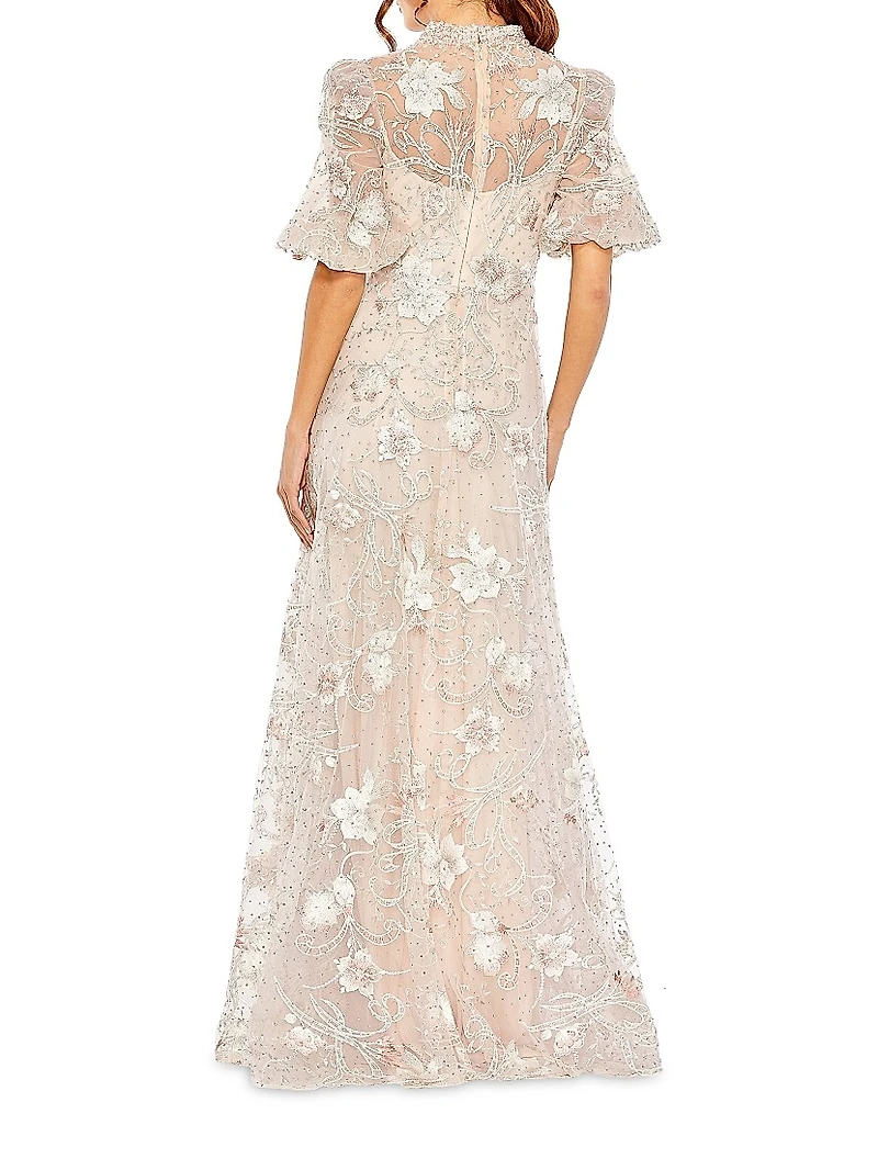 Floral-Embroidered Puff A-Line Gown