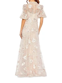 Floral-Embroidered Puff A-Line Gown