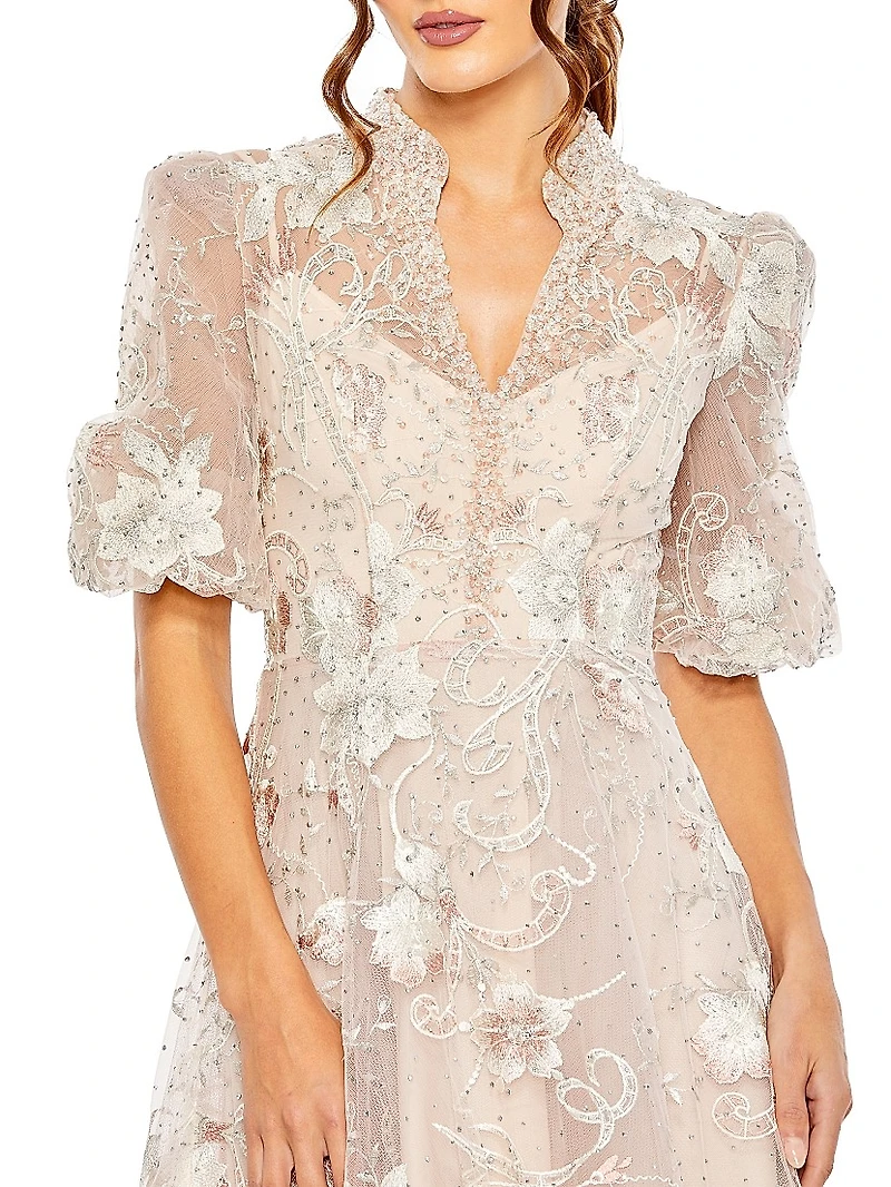 Floral-Embroidered Puff A-Line Gown