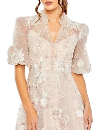 Floral-Embroidered Puff A-Line Gown