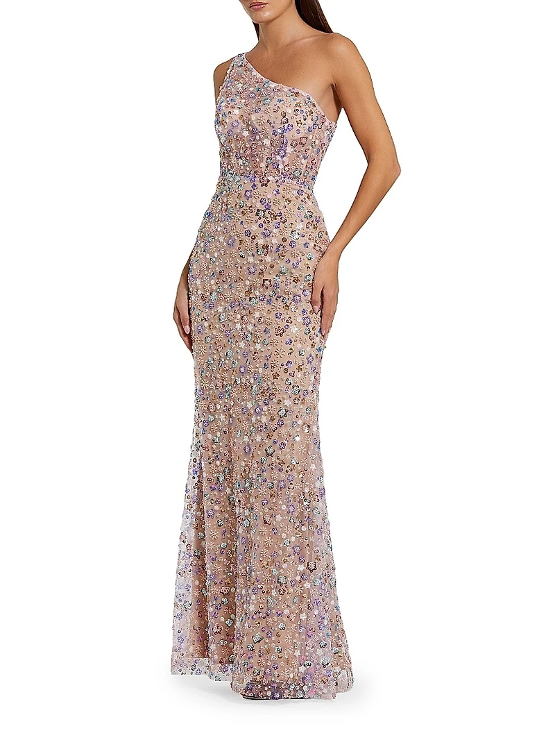 Floral-Embellished One-Shoulder Gown
