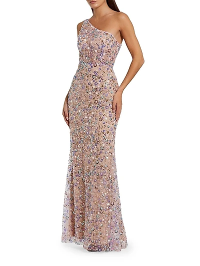 Floral-Embellished One-Shoulder Gown