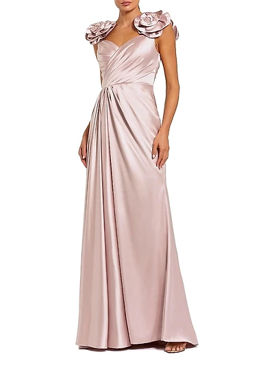 Rosette-Appliqué Satin Wrap-Style A-Line Gown